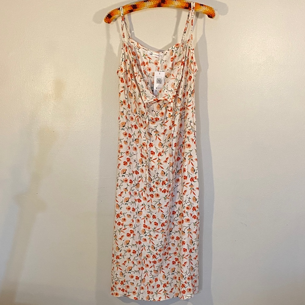 cushe Cream Slip Midi Dress with Orange Floral Print